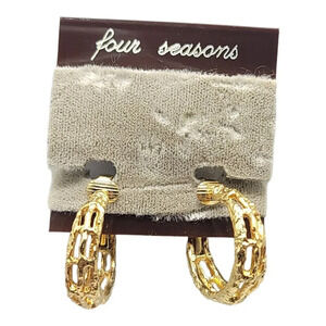 Four Seasons Gold Tone Basket Weave Full Hoop Clip On Earrings